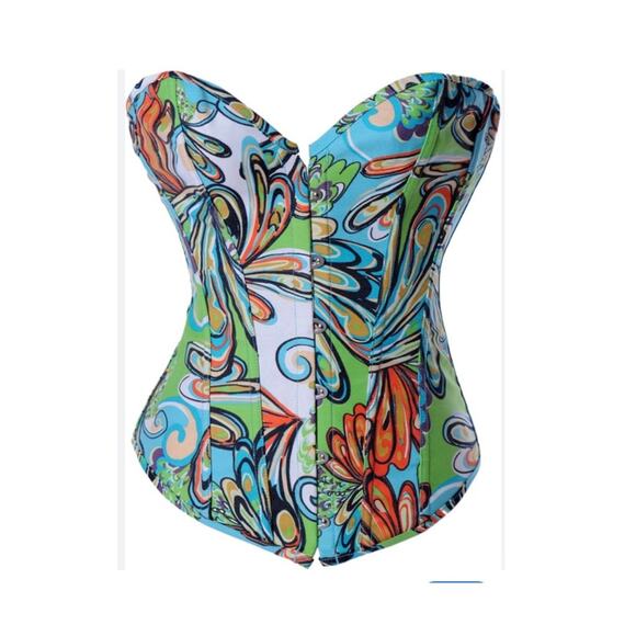 Alivila Retro Inspired Multicolor Printed Denim Lace Up Back Corset Bustier XL - Picture 3 of 11